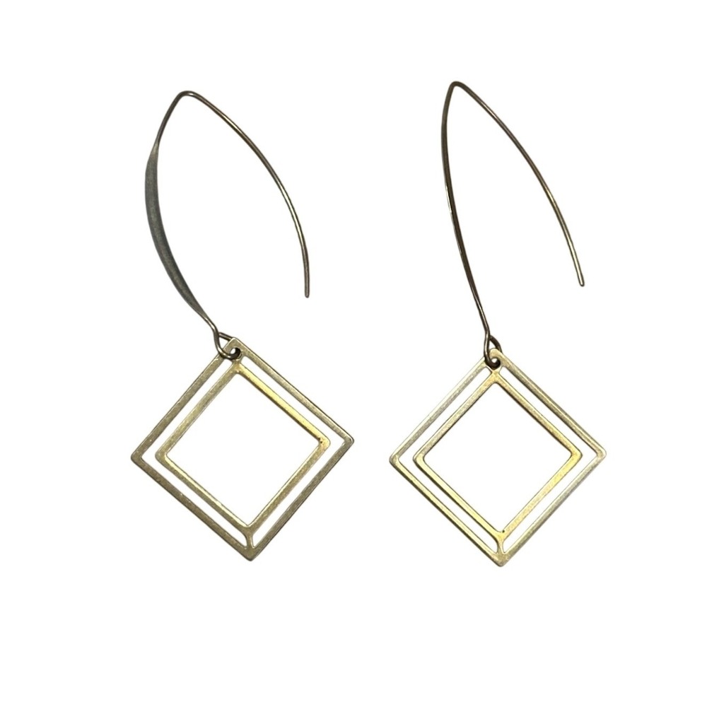 Handcrafted Gold Double Square Geometric Dangle Earrings Minimalist Kidney Wire